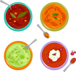 Bowls of soup with vegetables, legume, beans, green peas, Russian borscht soup and lentil soup. Top view of dishes of different types of soup.  Vector illustration set