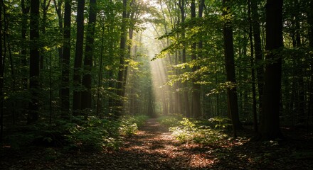 Fototapeta premium Sunlight Streaming Through Green Forest Landscape