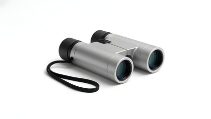 Fototapeta premium Side Profile of Sleek Travel Binoculars with Wrist Strap on White Background