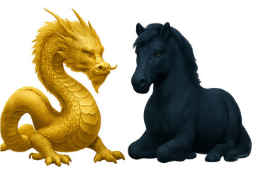Naklejka premium Isolated golden Chinese dragon and black sapphire horse on transparent background, detailed digital illustration