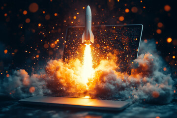 A rocket launching from a laptop screen into a starry sky, a powerful concept of a tech startup's ambition, perfect for business innovation