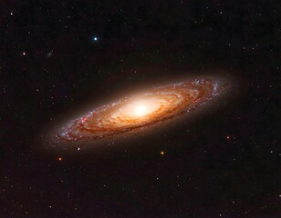 A majestic spiral galaxy glowing with a brilliant stellar core, surrounded by cosmic dust lanes in the vastness of deep space.