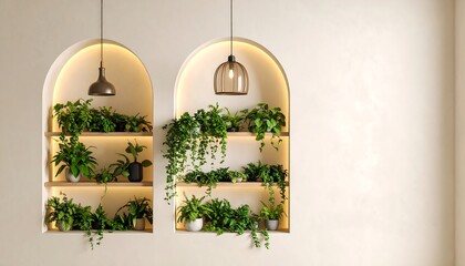 Illuminated Arched Niche with Lush Greenery and Pendant Lights