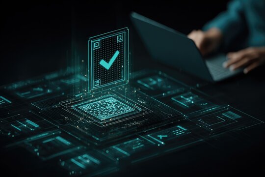 Digital verification interface with QR code and checkmark
