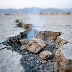 Fototapeta premium Cracked ground with smoke rising in a desolate landscape.