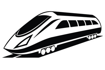 Modern monochrome streamlined train travels swiftly on the tracks, isolated on white background