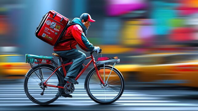 A food delivery cyclist navigating through a busy urban street.