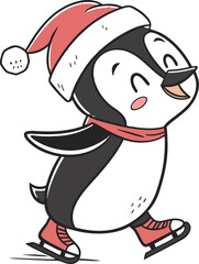 A fun cartoon illustration of a happy snowman with a hat, broom, and scarf celebrates the winter holiday season with a cute penguin
