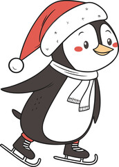 Cute winter holiday snowman cartoon character with a scarf and hat is holding a gift and a broom, smiling with love