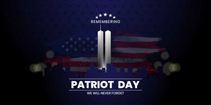 Patriot Day Background, September 11, United States flag, 911 memorial and Never Forget lettering, Vector conceptual illustration