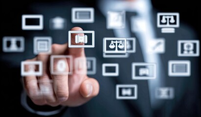Close-up of a hand interacting with a holographic display of legal icons