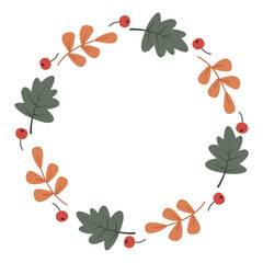 Autumn wreath of falling leaves and berries, muted tones. Vector round frame for the design of postcards, invitations and seasonal decor.