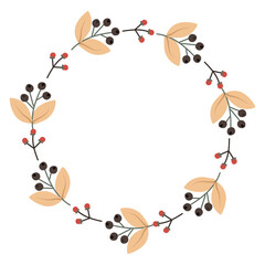 Autumn wreath of red and black berries. Vector round frame for the design of postcards, invitations and seasonal decor.