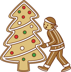 A sweet illustration of gingerbread man and woman cookies with a Christmas tree and snow decorations