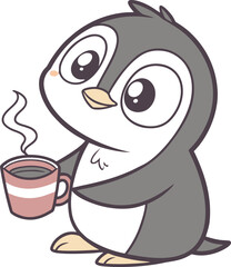 A fun and happy vector illustration of a cute blue monster and his banana friend smiling at a coffee cup