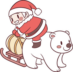 A joyful cartoon Santa Claus with a red hat and a beard holds a Christmas gift and a bag full of presents