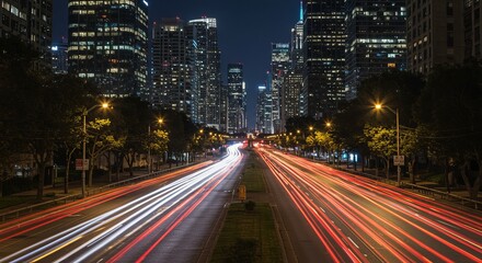 Fototapeta premium Night Cityscape with Light Trails and Skyscrapers in View
