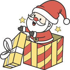 Cheerful Santa Claus in a red hat with a white beard is carrying a sack full of Christmas presents
