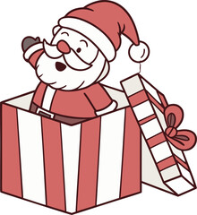 A happy cartoon Santa Claus character with a big red bag of presents and a beard is ready for the Christmas holiday celebration