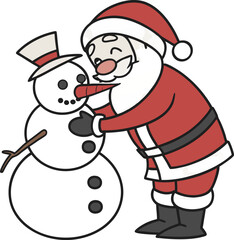 Cute cartoon vector illustration of Santa Claus and a happy snowman celebrating Christmas with gifts and joy