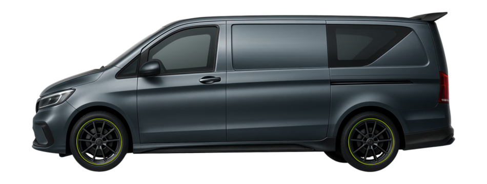 Sporty van with angular rear windows and aerodynamic side skirts