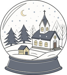 A whimsical cartoon illustration of a fairytale castle and a cozy house in a snowy medieval village