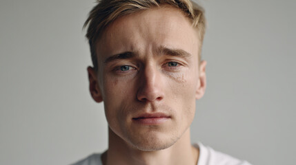 Fototapeta premium young man with tearstreaked face embodying pure despair against clean light background