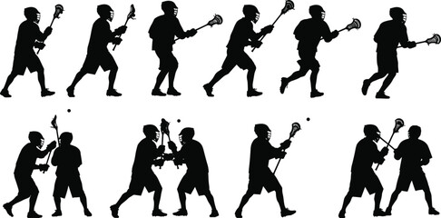 Lacrosse player silhouettes in dynamic action poses, running, passing, defending, holding lacrosse sticks, sports competition concept, black silhouettes on white background, vector