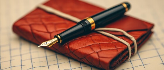 Elegant fountain pen rests on a red leather-bound journal, atop gridded paper