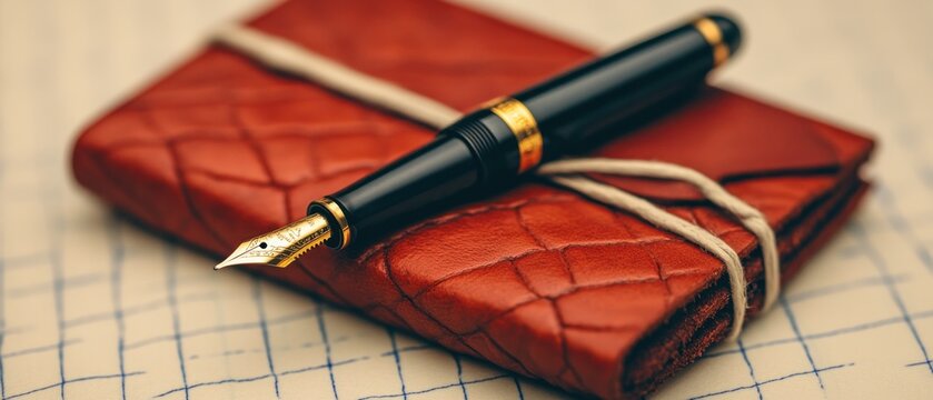 Elegant fountain pen rests on a red leather-bound journal, atop gridded paper