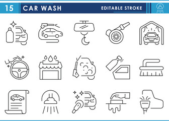 A set of line icons related to Car Wash. Car, clean, pressure wash, cleaner, garage, and so on. Vector editable stroke.