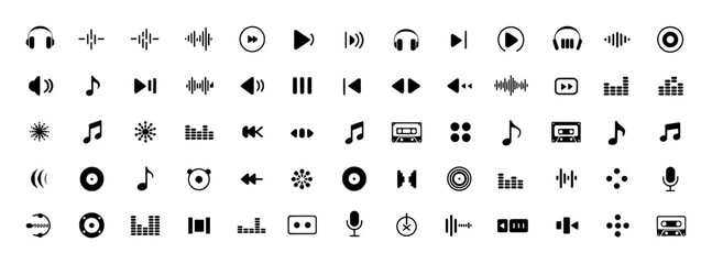 Audio visualizer headphones music notes playback controls sound wave icons vector