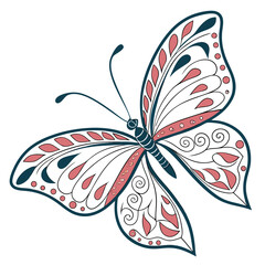 Decorative Butterfly Vector Illustration with Intricate Patterns and Red Blue Accents on White Background

