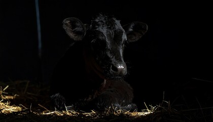 A serene portrait of a young black calf nestled in hay, bathed in soft light amidst the darkness
