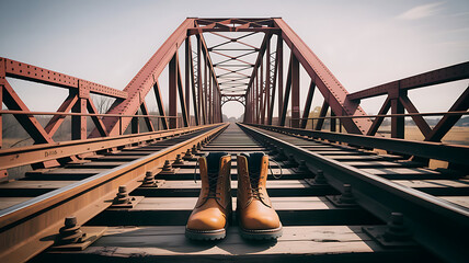 Boots sit on railroad tracks, looking toward a red steel bridge's vanishing point
