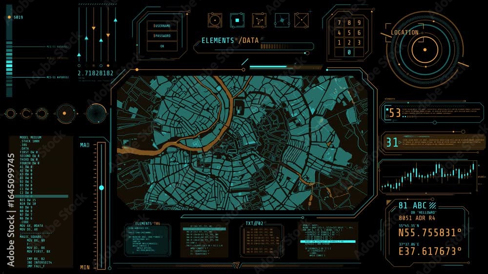 Wall mural animated high-tech interface dashboard with a city map