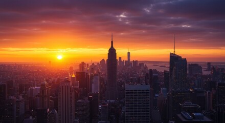 Naklejka premium City Skyline View at Sunset with Vibrant Sky and Building Silhouettes