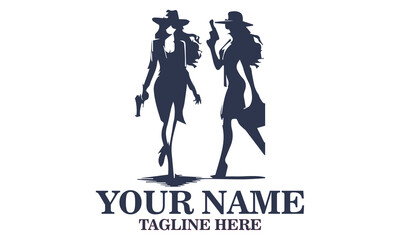 Chic spy day icon. chic spy women vector illustration and confident woman in suit and hat holding gun with determined look vector illustrasion