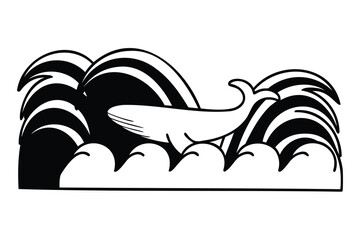 Naklejka premium Whale swimming in the ocean waves, black and white vector illustration