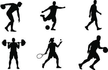 Silhouette of athletes playing various sports, basketball, football, tennis, weightlifting, walking, running, sports training illustration, fitness and athletic activity