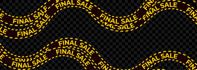 Wavy caution ribbon, bold yellow text, dark sale tape for retail promo zone, urgency banner strip, final offer label, dynamic checkout design. Vector illustration