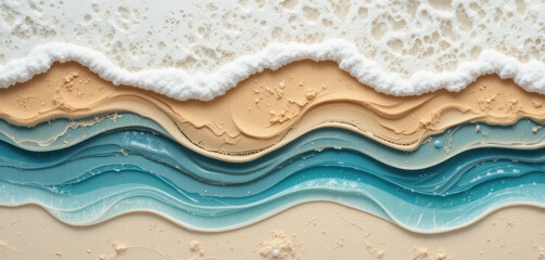Fototapeta premium Textured Abstract Beach Scene with Rolling Waves and Foamy Shoreline, Serene Coastal Art in Soft Earth Tones and Aqua Hues