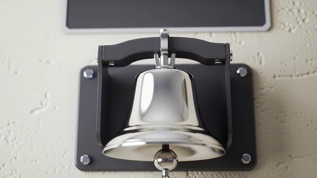 Silver Metal Bell with Black Mounting on Textured Beige Wall in Close Up Still Life Composition