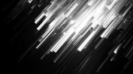 An abstract background of fast-moving white light streaks on a black background, a minimalist concept of speed perfect for technology visuals