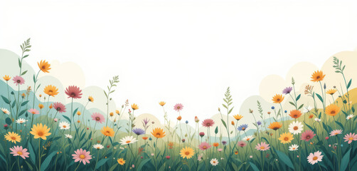 Vibrant Meadow A Colorful Landscape of Wildflowers and Green Grass with a Soft Sky