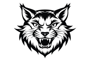 Black and white showing the ferocious wolf face snarling on a white background