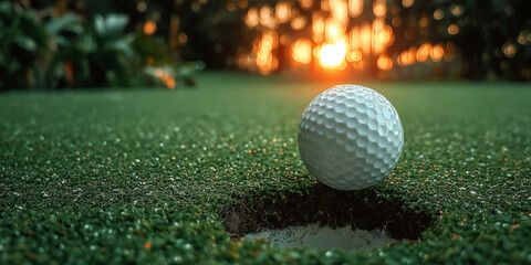 Golf ball slowly rolls toward the hole after a perfect putt, suspense building as it edges closer on the green
