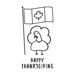 Happy Thanksgiving. Canada flag. Gobbler. Outline vector illustration on white background.