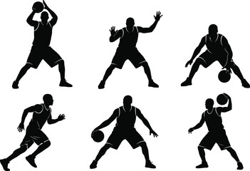 Silhouette of basketball players in action poses, dribbling, passing, defending, running, dynamic sports movements, athletic training, team game, competitive court match