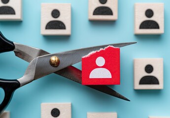 Scissors cutting a red person icon amongst other wooden people icons on a light blue background